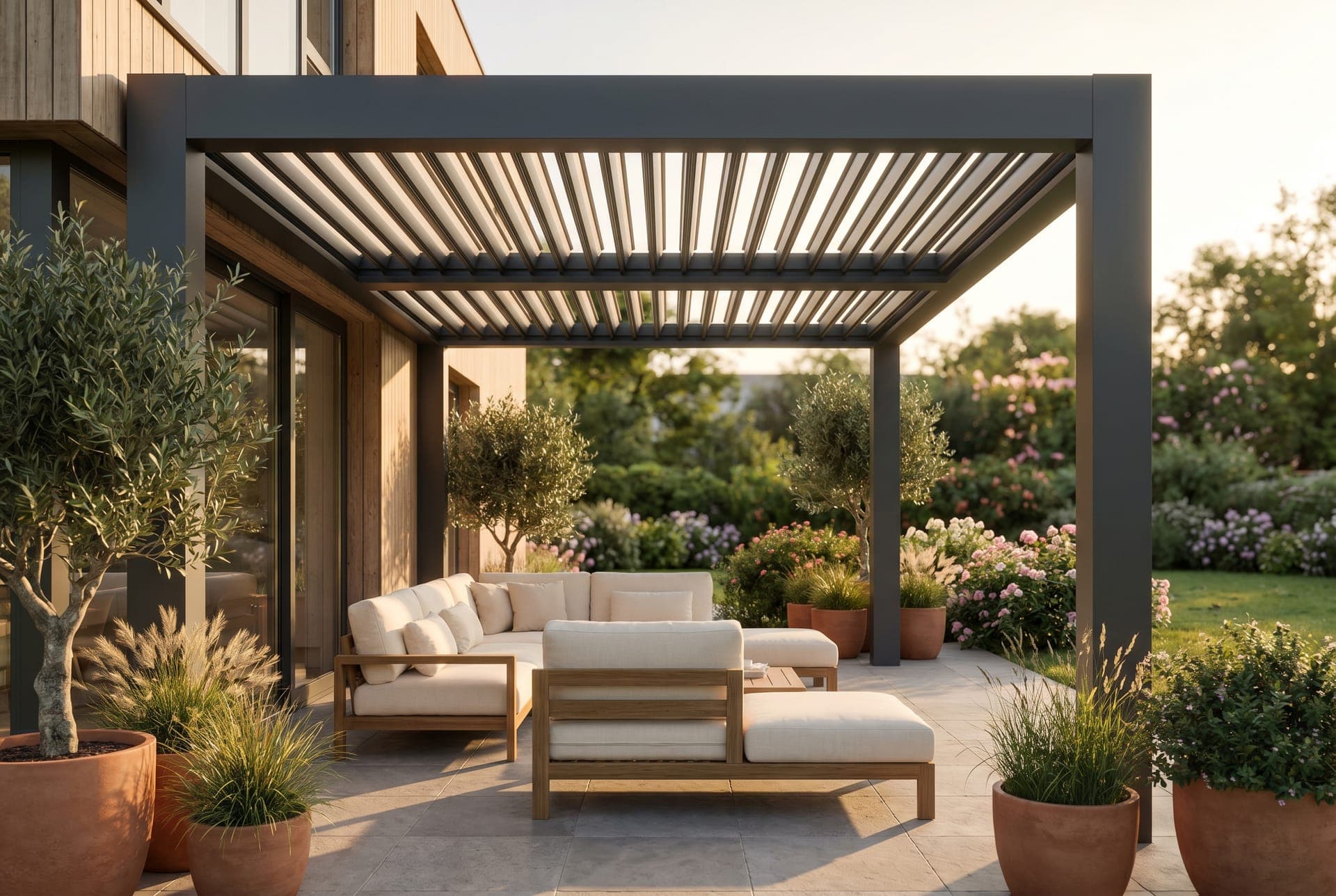 Véranda et pergola bioclimatique en aluminium réalisées par REM Fermetures à Belfort